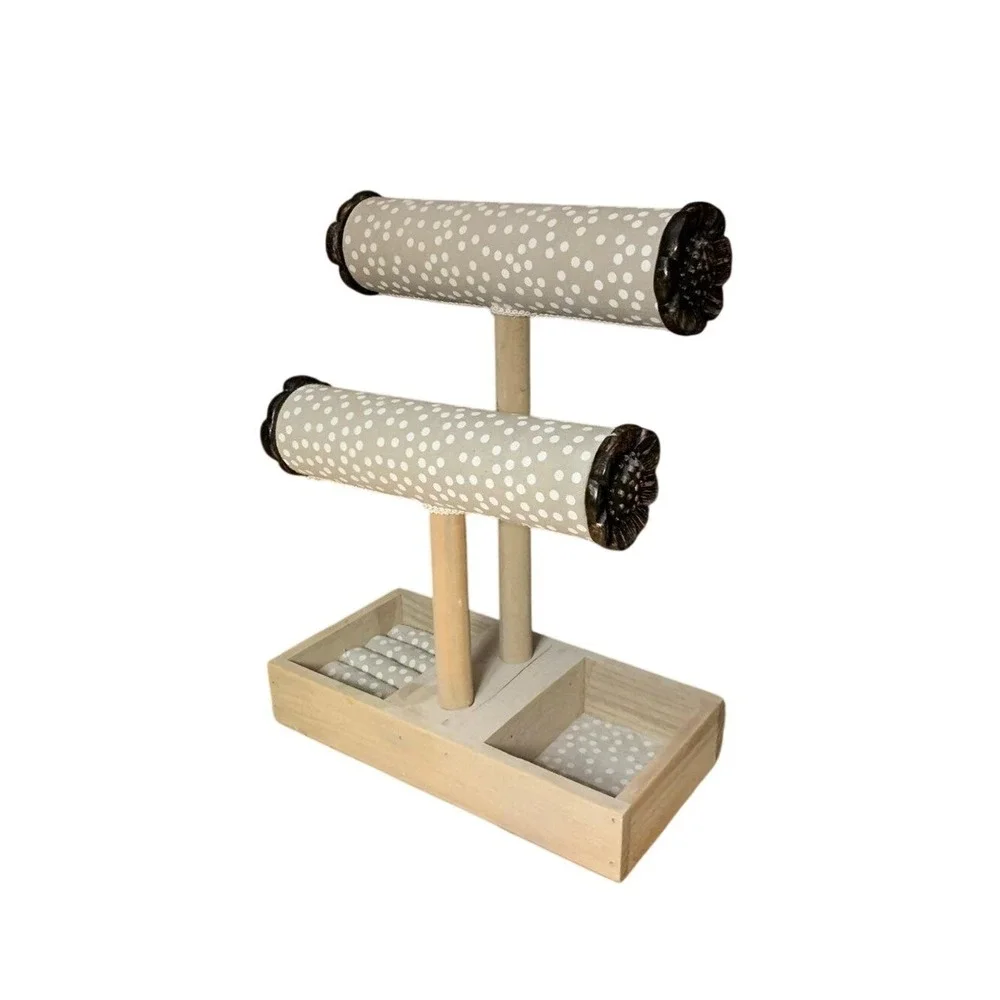 Wooden Jewelry Stand 2 Tier T-Bar Polka Dot Fabric Sunflower Floral Organizer